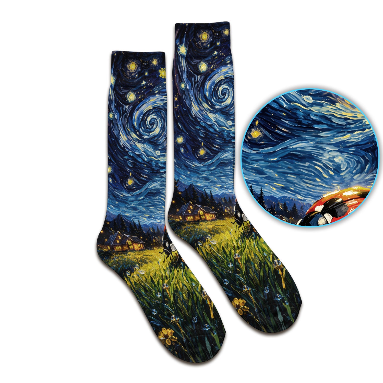 Swirl Night Sky Ladybug Landscape Art Print Socks, Breathable Fabrics Medical Uniform