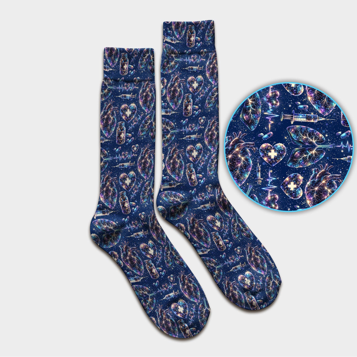 Galaxy Anatomical Heart Lung Syringe Print Socks, Breathable Fabrics Medical Uniform