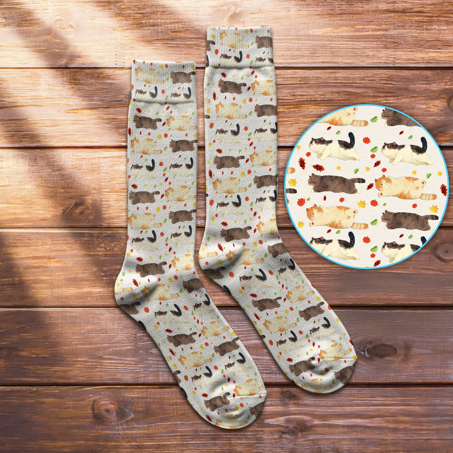 Chubby Cat Autumn Leaves Print Socks, Breathable Fabrics Medical Uniform