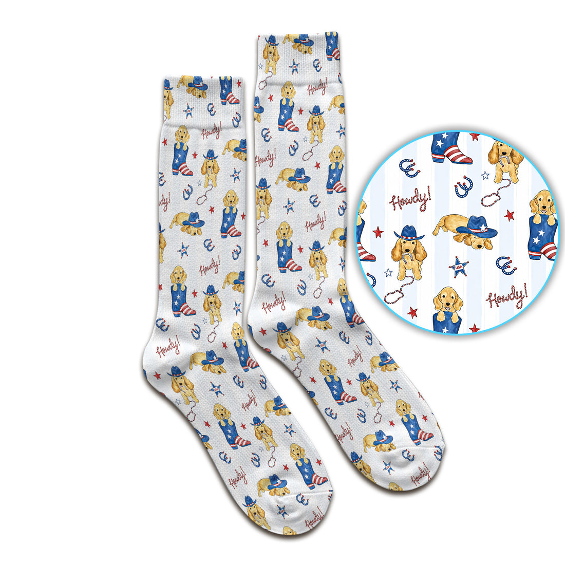 Patriotic Howdy Golden Dog Western Pattern Socks, Adult Socks for Men and Women