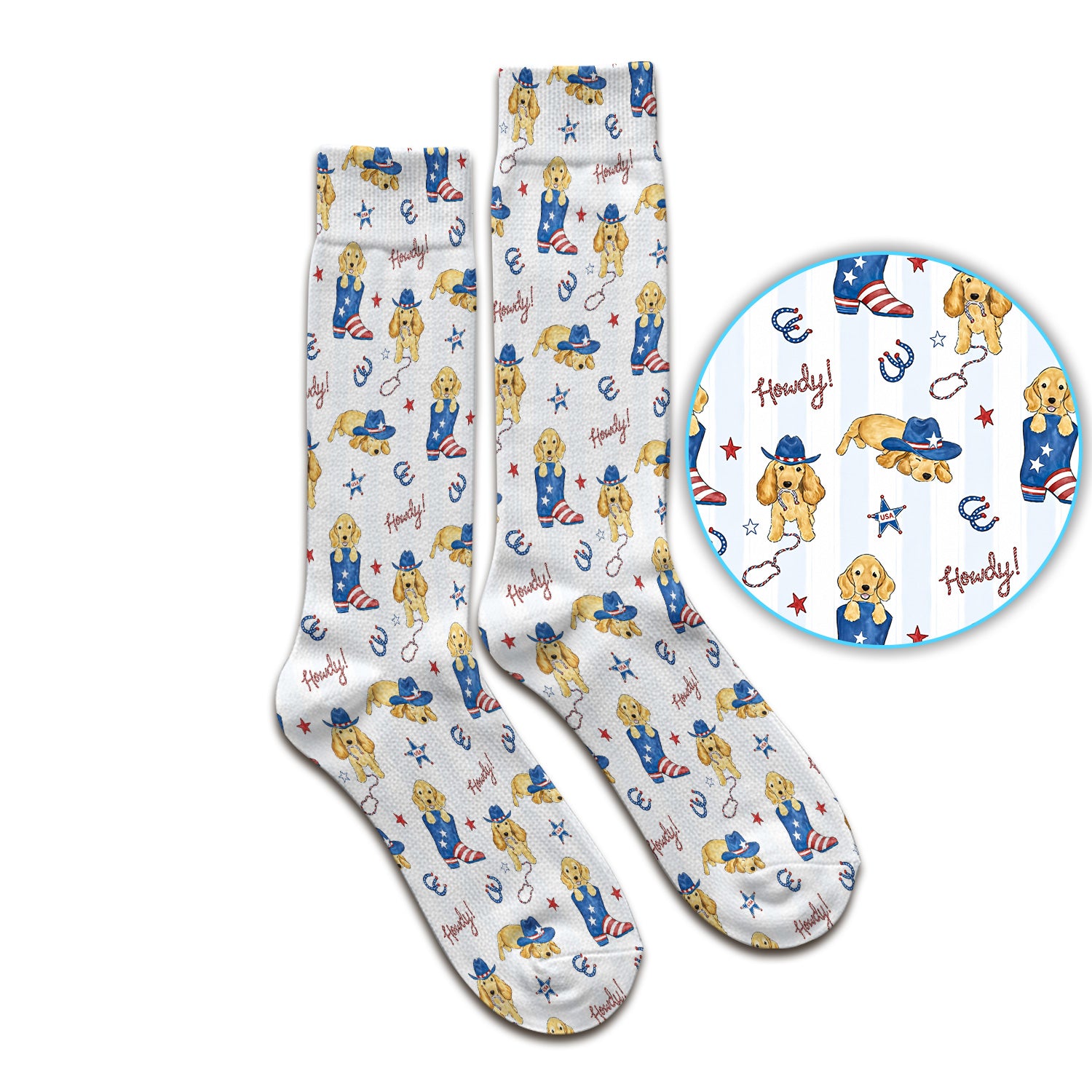 Patriotic Howdy Golden Dog Western Pattern Socks, Adult Socks for Men and Women
