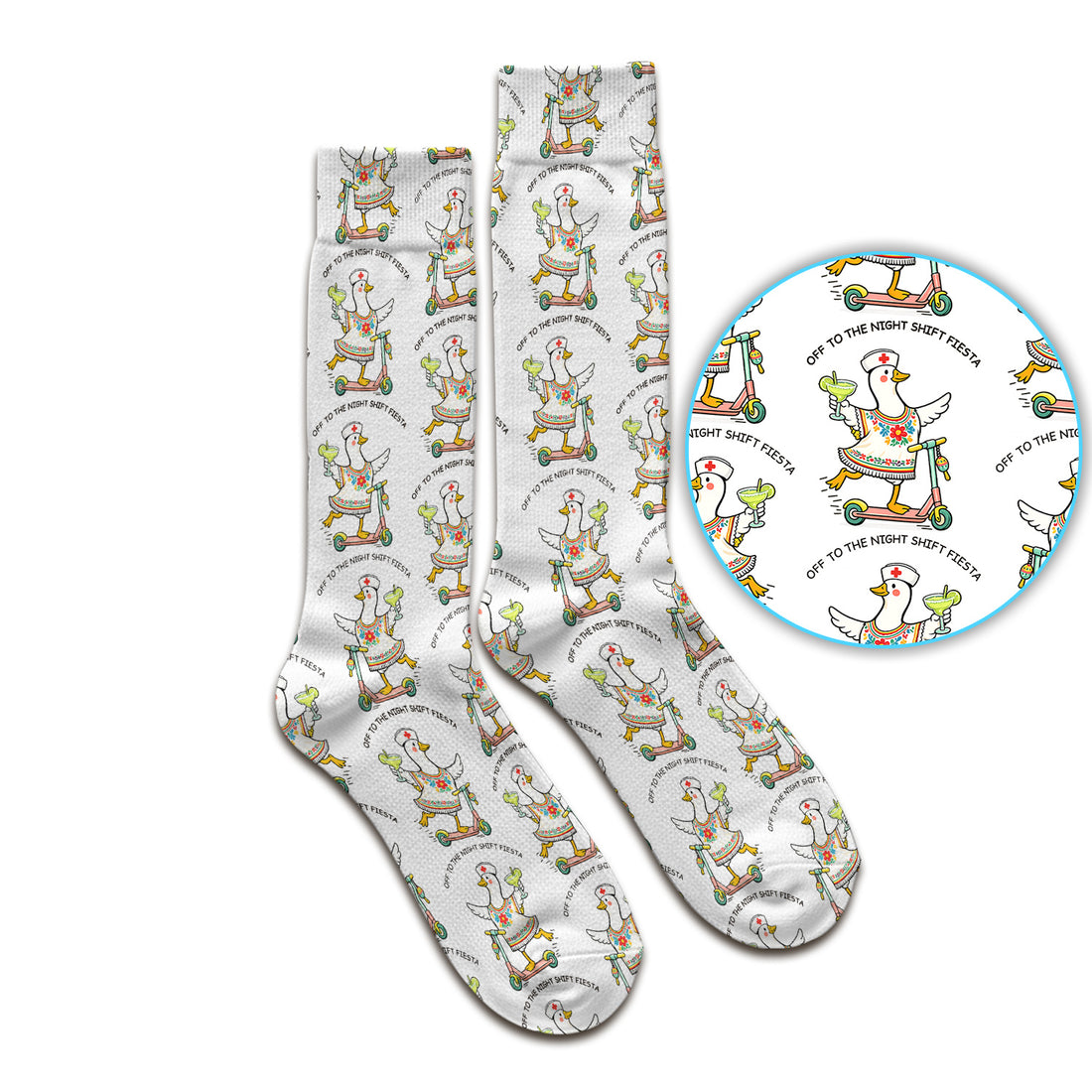 Funny Duck Scooter Night Shift Fiesta Socks, Adult Socks for Men and Women