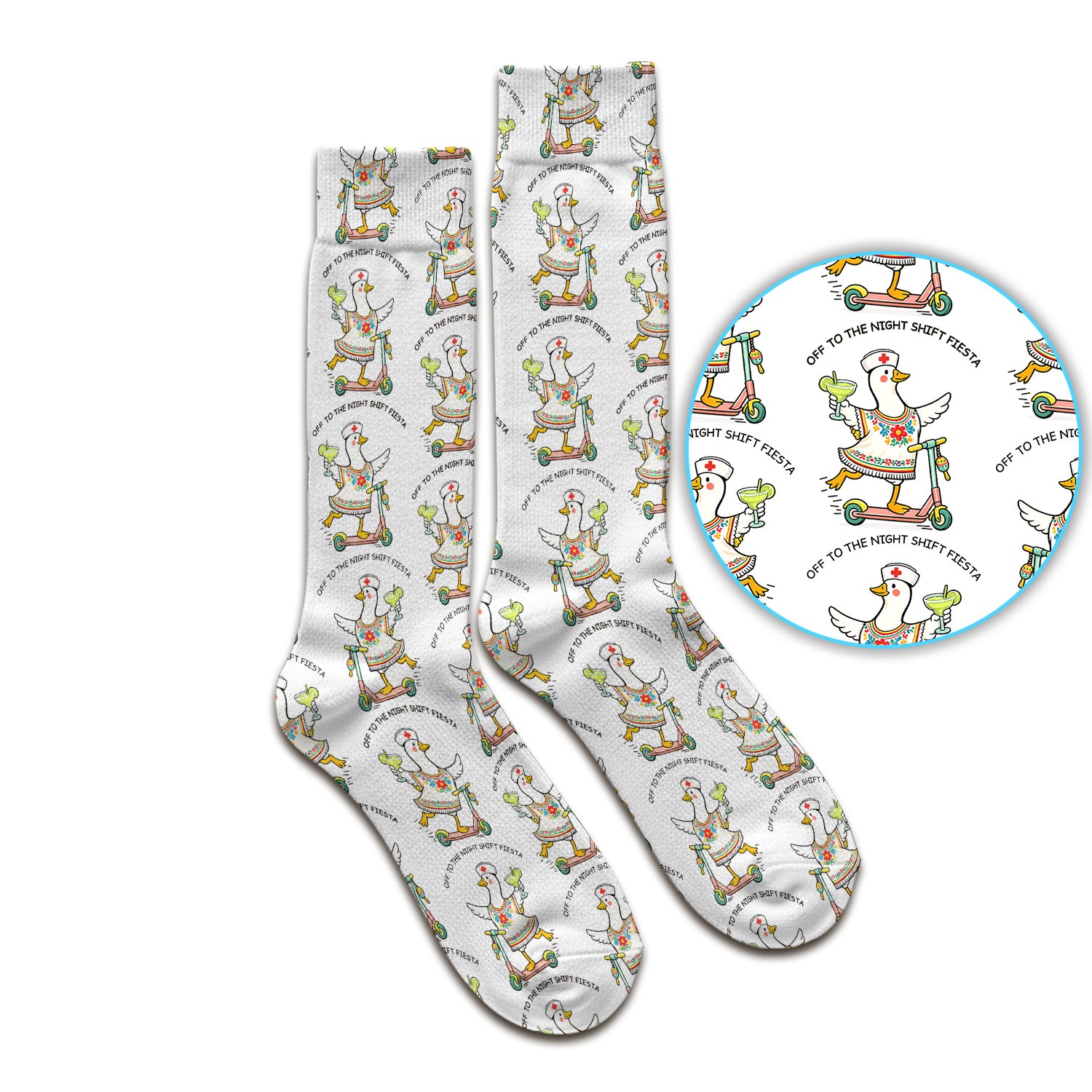 Funny Duck Scooter Night Shift Fiesta Socks, Adult Socks for Men and Women