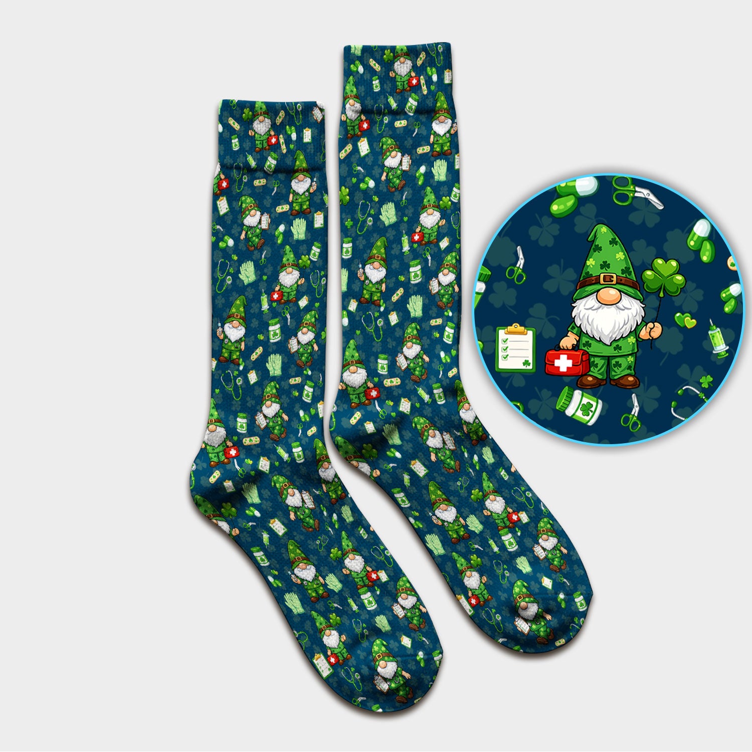 St. Patrick’s Day Nurse Gnome Scrub Socks, Green Lucky Medical Pattern Nurse Sock, Breathable Fabrics Nursing Uniform