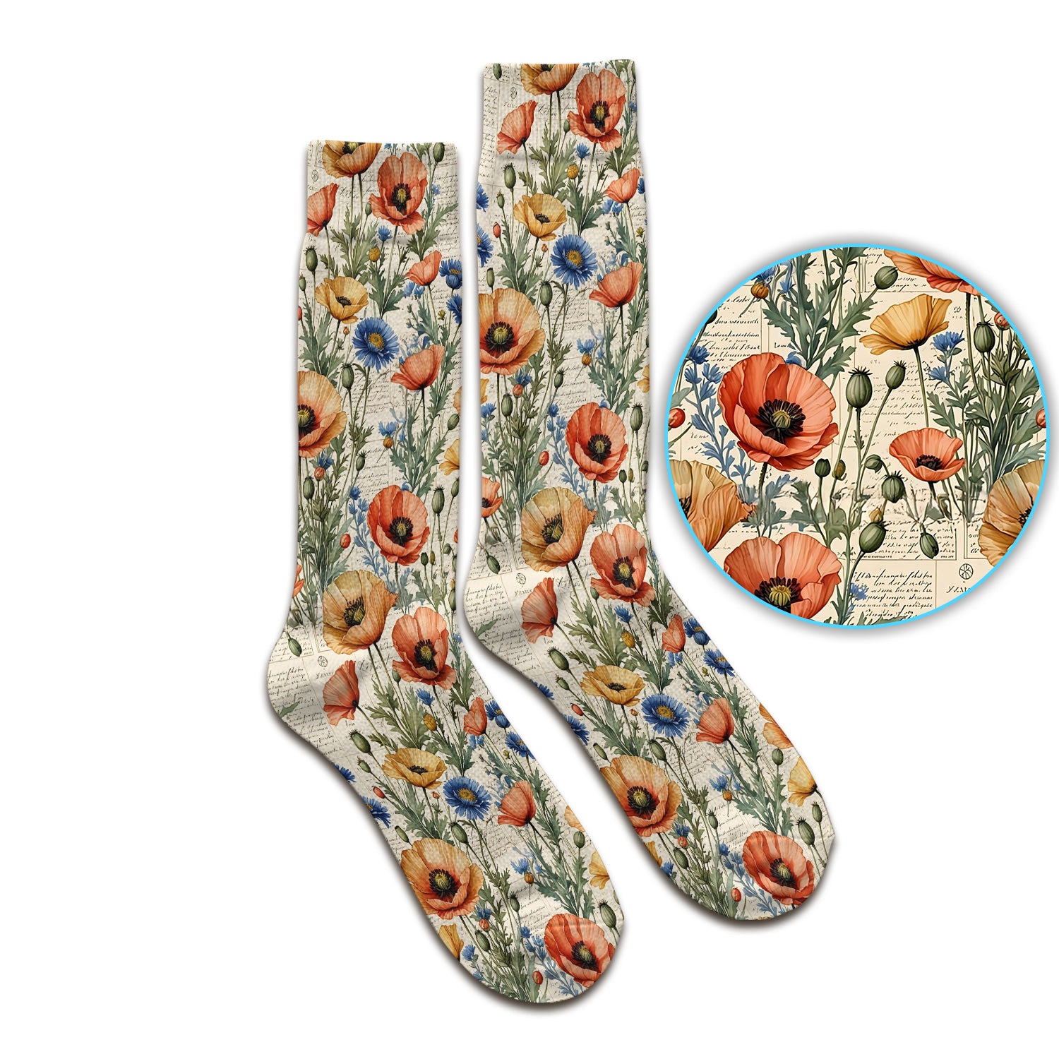 Vintage Poppy Wildflower Script Print Socks, Adult Socks for Men and Women