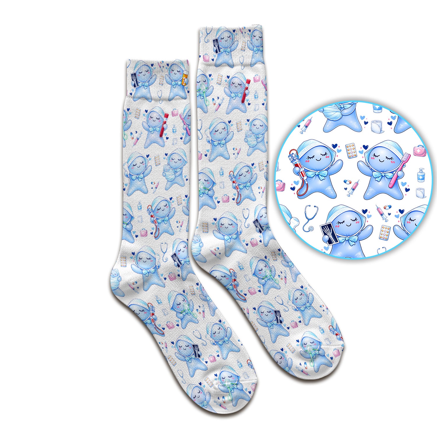 Cute Tooth Character Dental Tools Caring Pattern Socks, Breathable Fabrics Medical Uniform