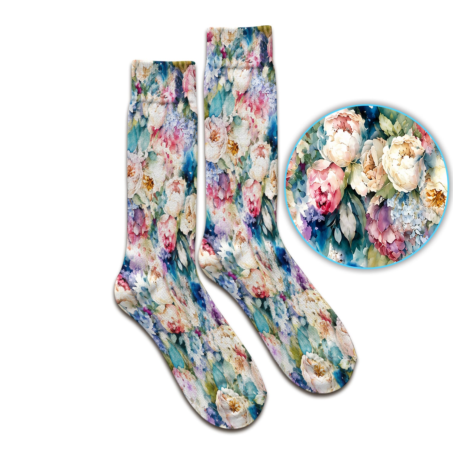 Watercolor Peony Hydrangea Floral Print Socks, Adult Socks for Men and Women