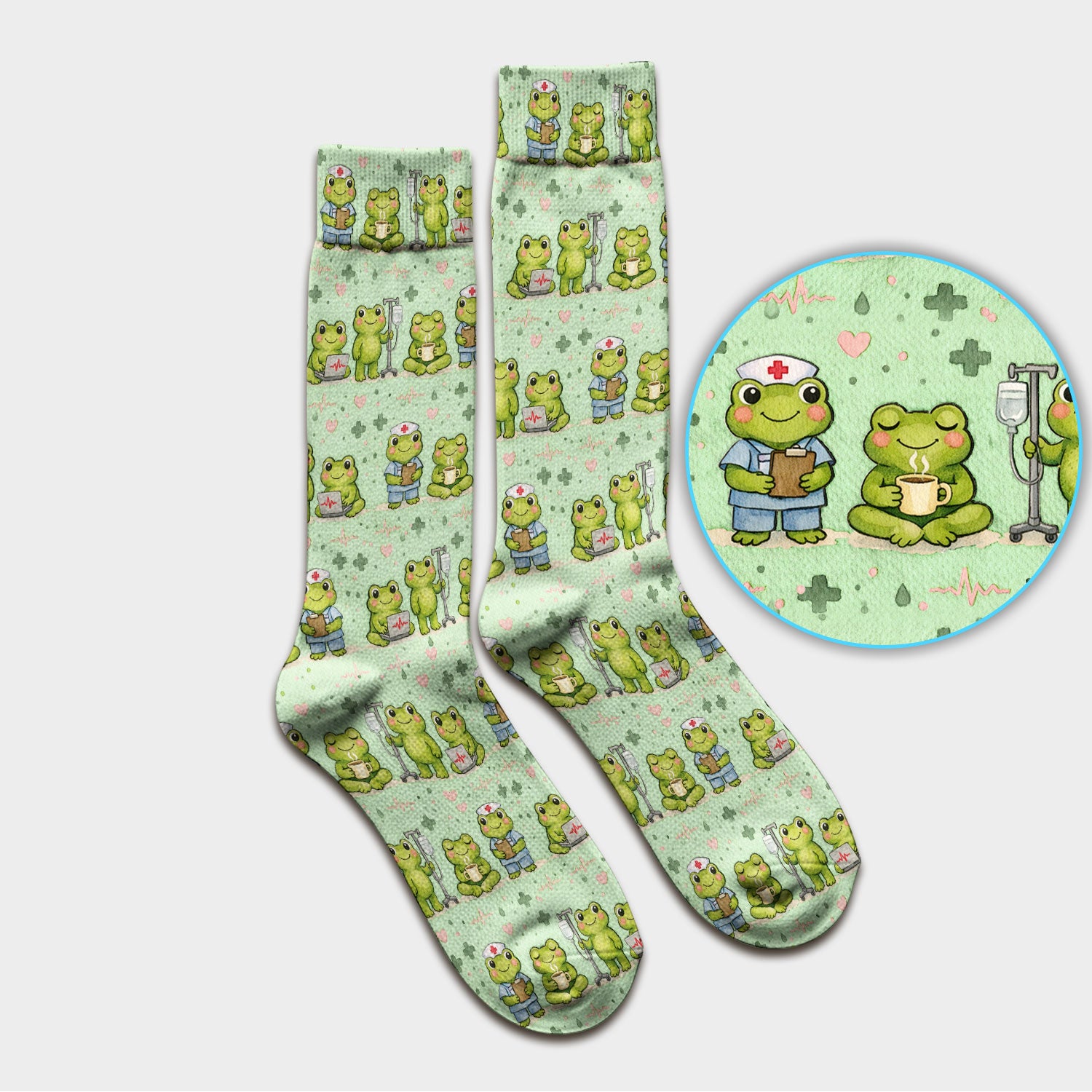 Adorable Frog Nurse Various Poses Print Socks, Breathable Fabrics Medical Uniform