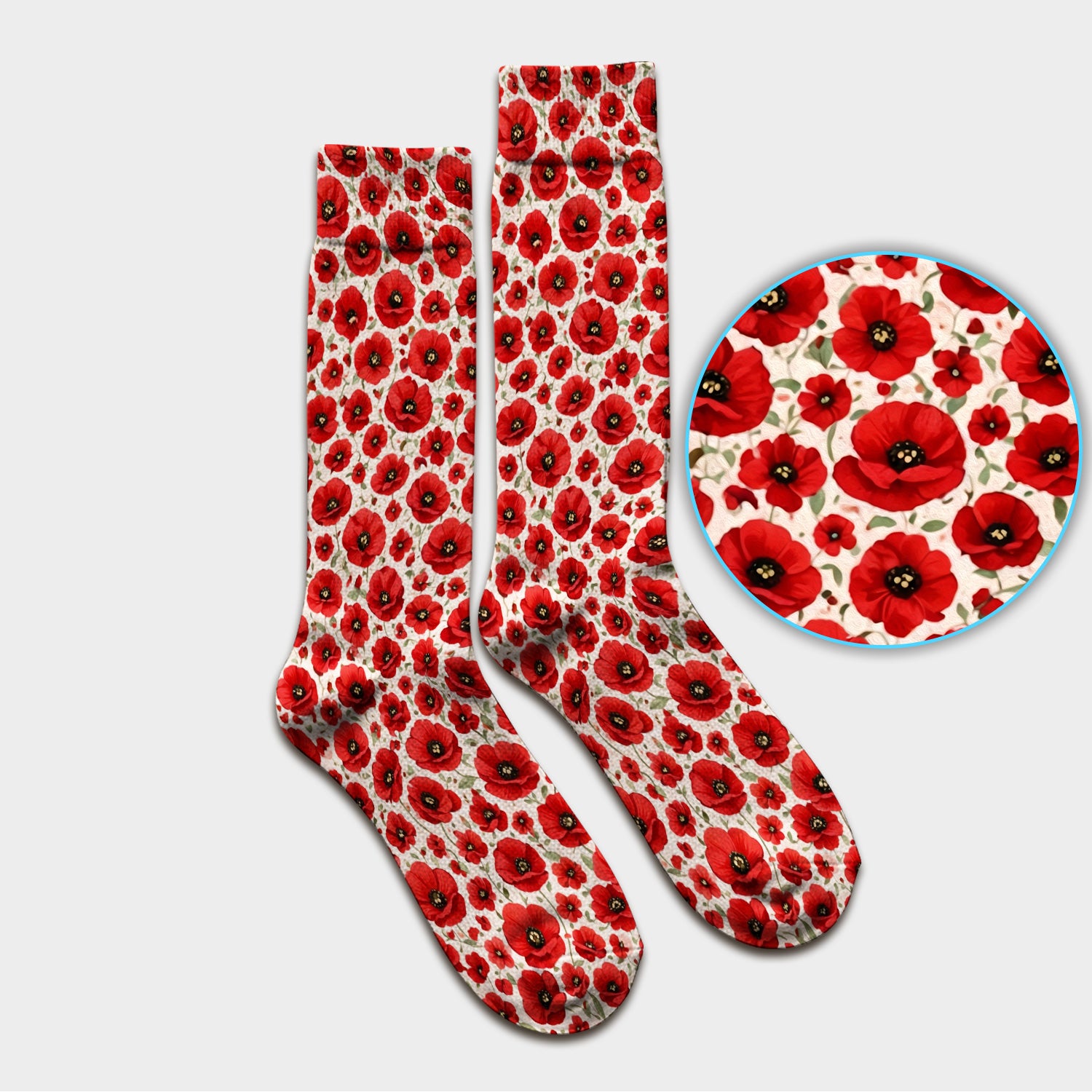 Pretty Red Poppy Flower Garden Pattern Socks, Adult Socks for Men and Women