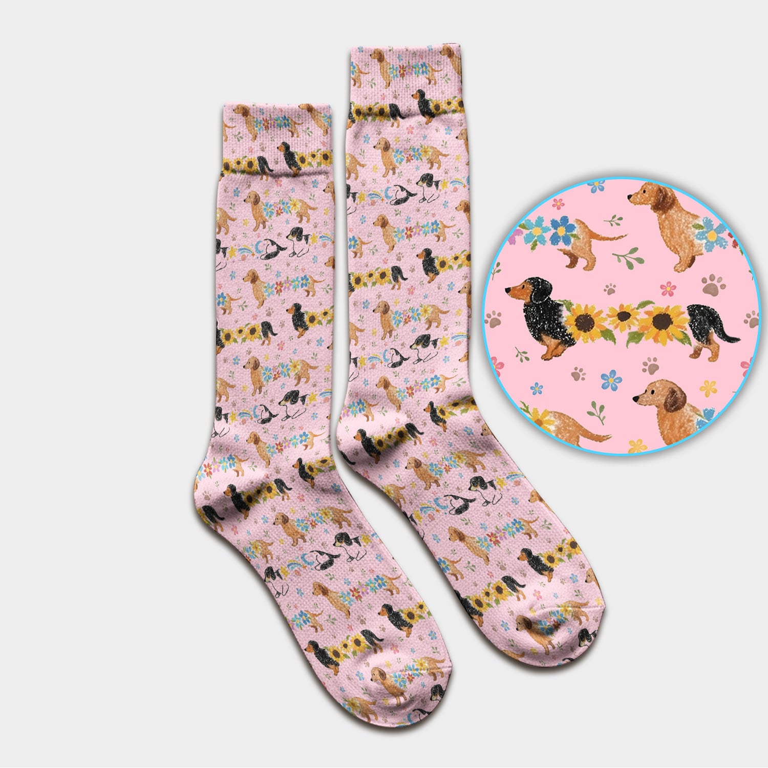 Floral Wiener Dog Pattern Socks, Adult Socks for Men and Women