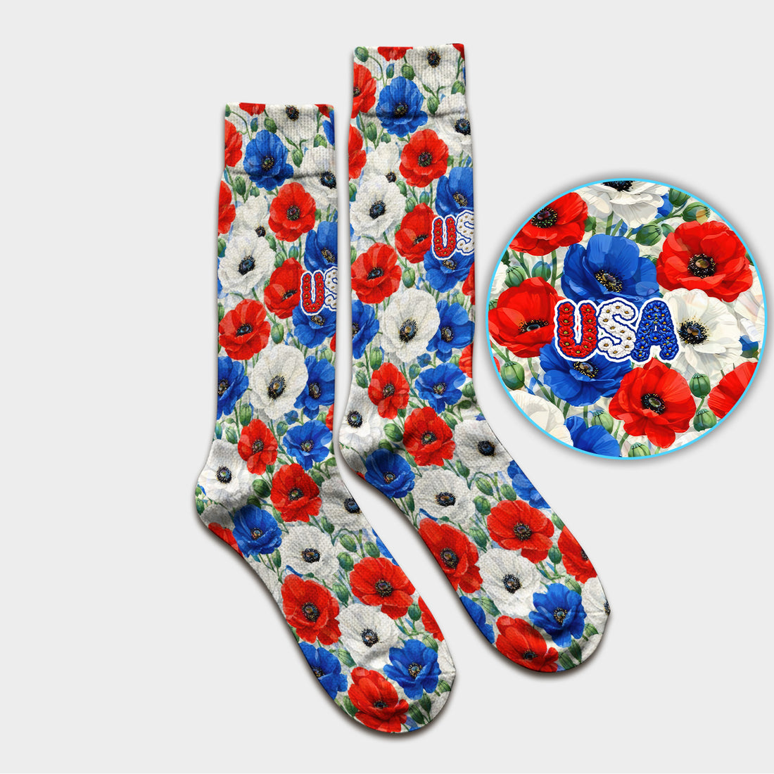 Festive Patriotic Red Blue Poppy Floral Pattern Socks, Adult Socks for Men and Women