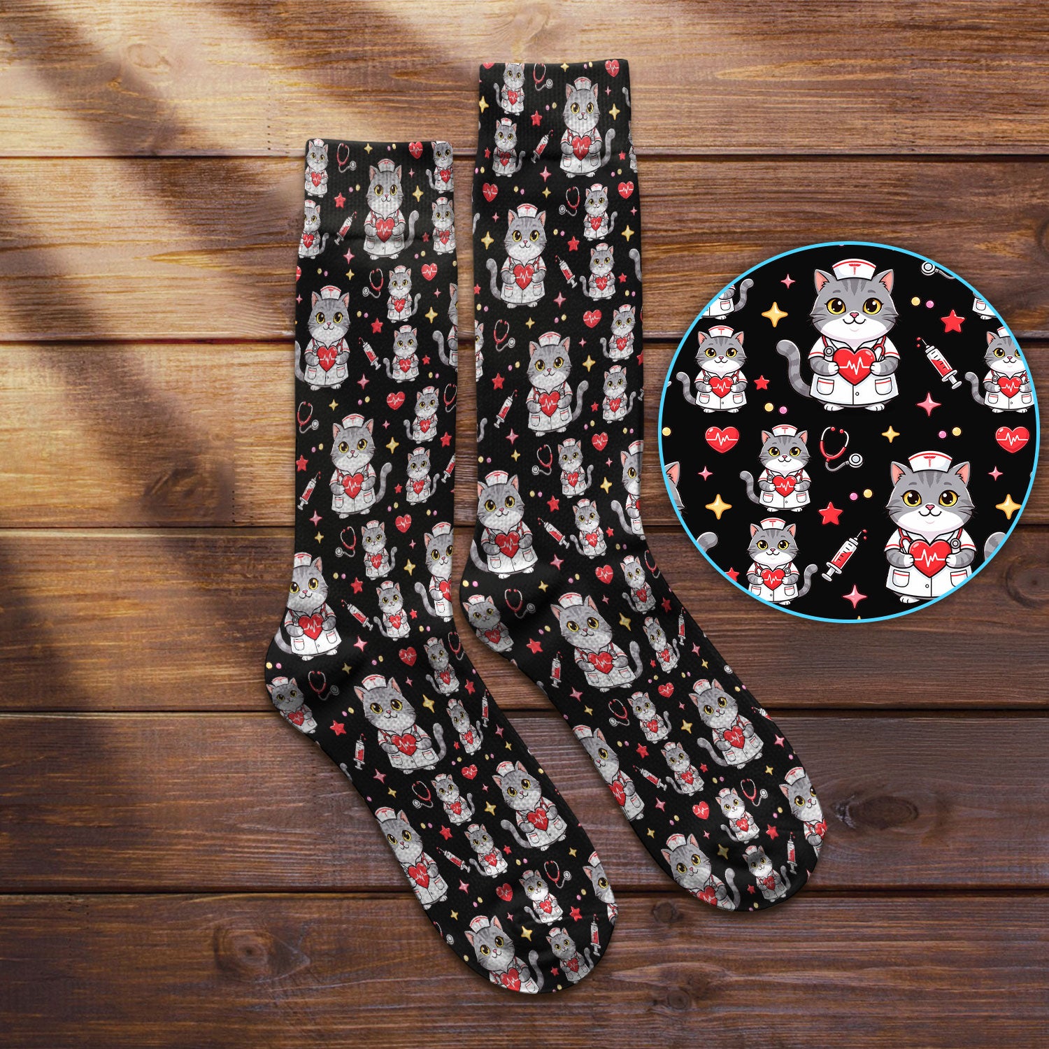 Cute Nurse Cat Heart Medical Print Socks, Adult Socks for Men and Women