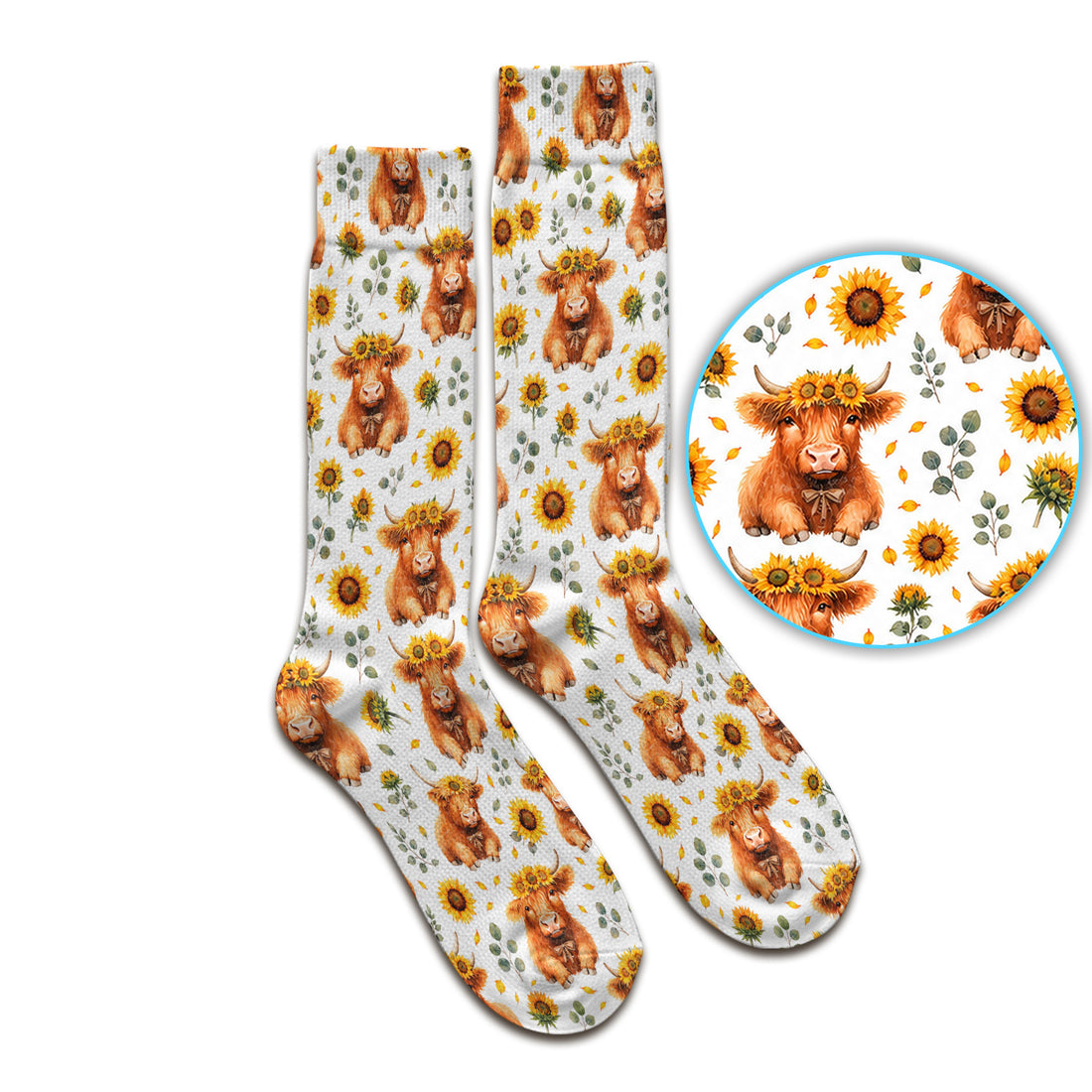 Rustic Highland Cow Floral Pattern Socks, Adult Socks for Men and Women