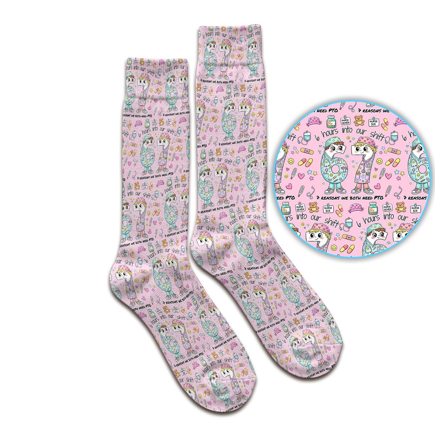 Cartoon Characters Six Hours Into Shift With Medical Doodle Socks, Breathable Fabrics Medical Uniform