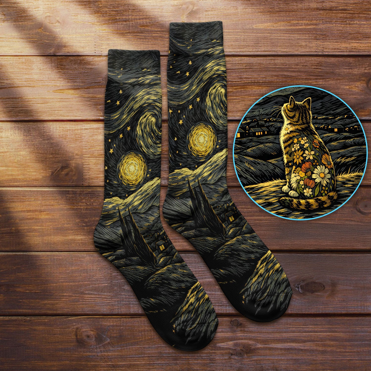 Galaxy Night Sky Cat With Flowers Print Socks, Adult Socks for Men and Women