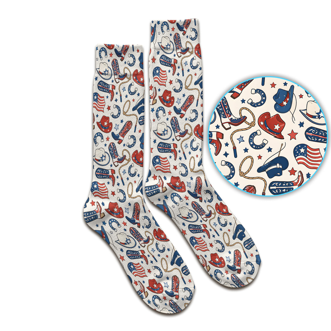 Patriotic Cowboy Boots Horseshoe Pattern Socks, Adult Socks for Men and Women