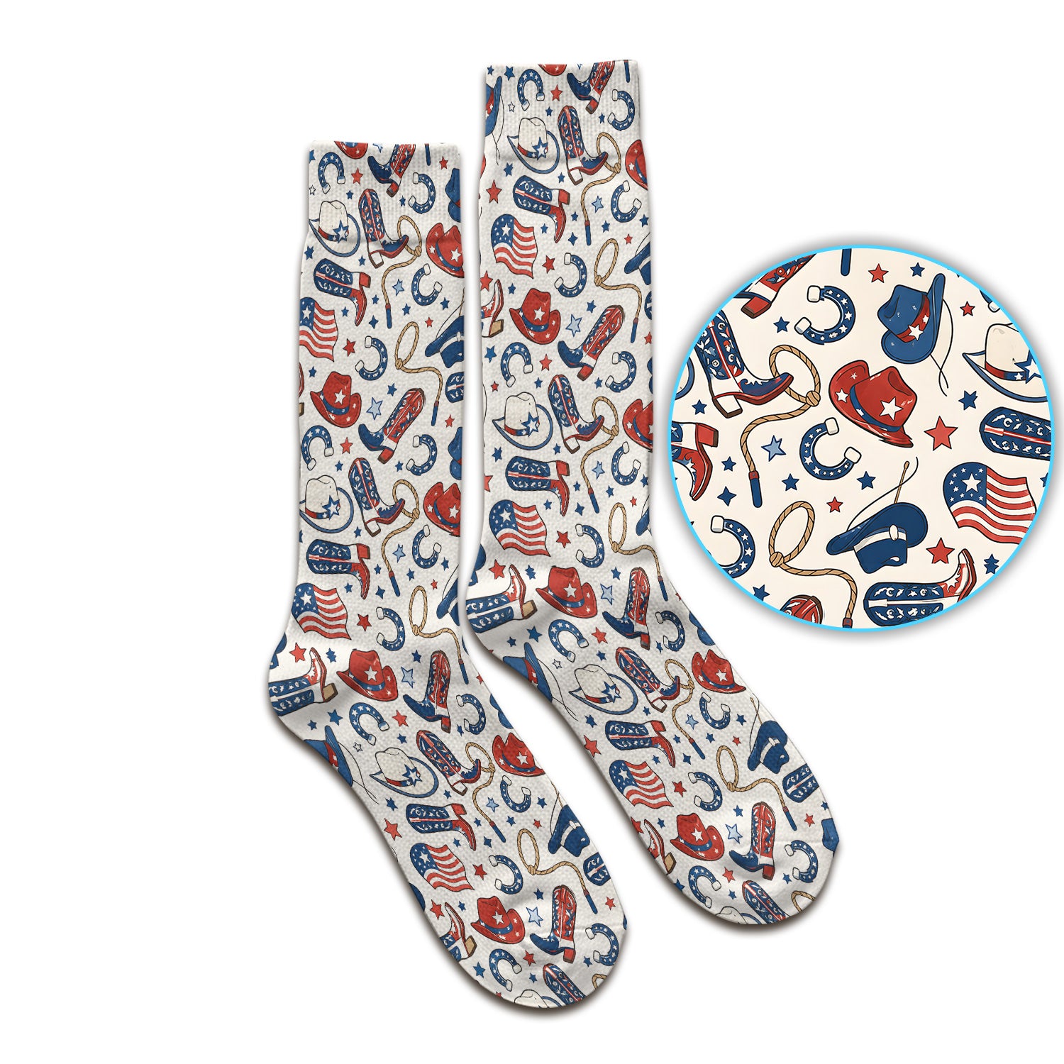 Patriotic Cowboy Boots Horseshoe Pattern Socks, Adult Socks for Men and Women