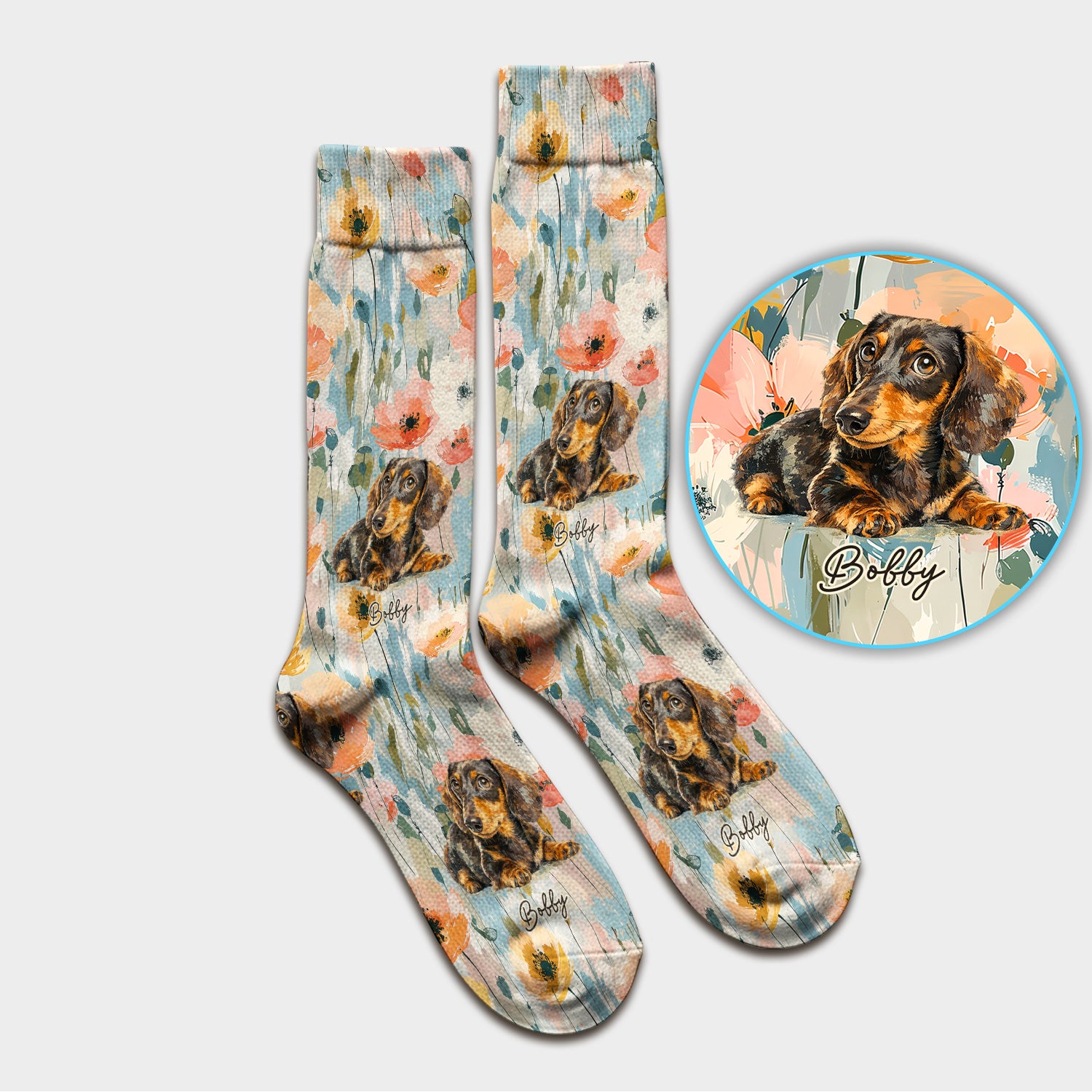 Personalized Dachshund Floral Portrait Pattern Socks, Adult Socks for Men and Women