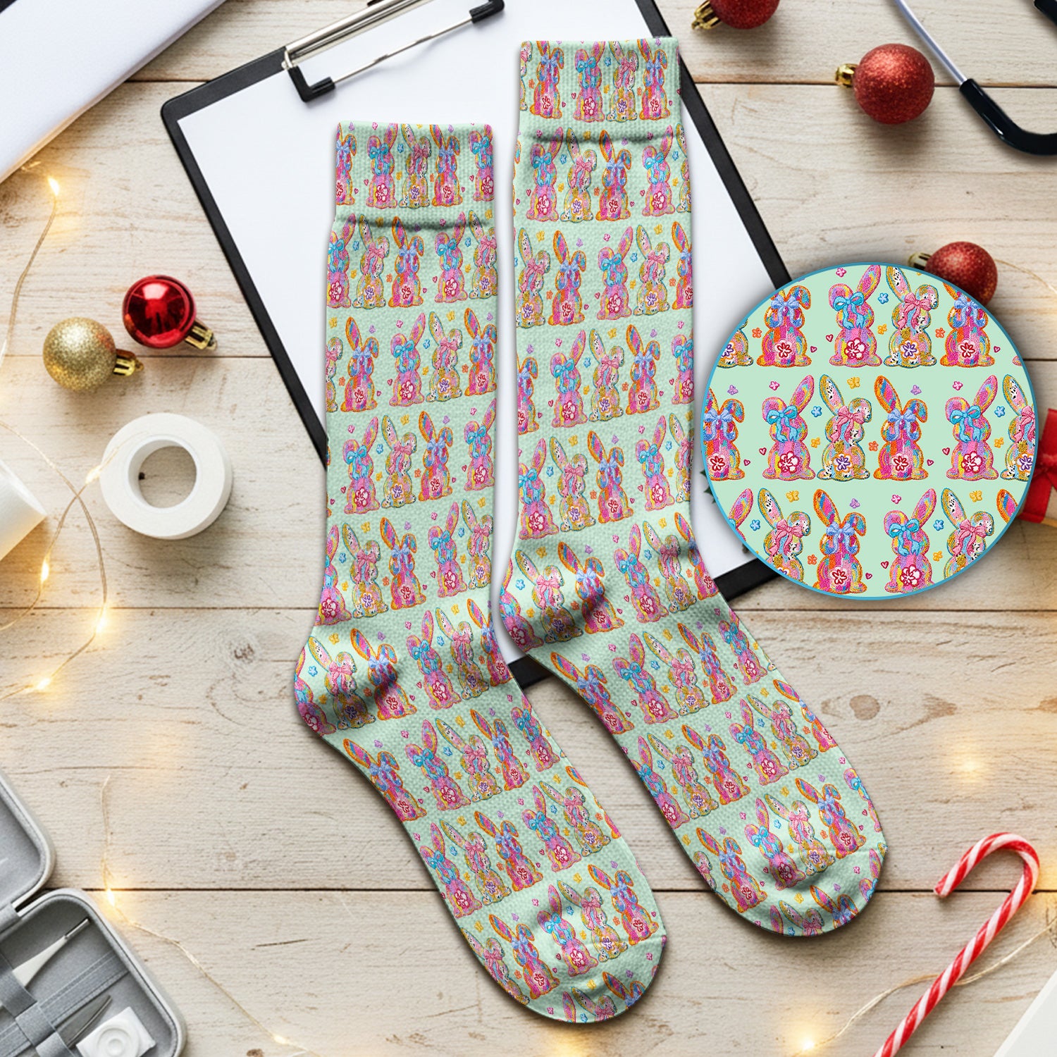Cute Pastel Bunny Floral Patternt Socks, Breathable Fabrics Medical Uniform