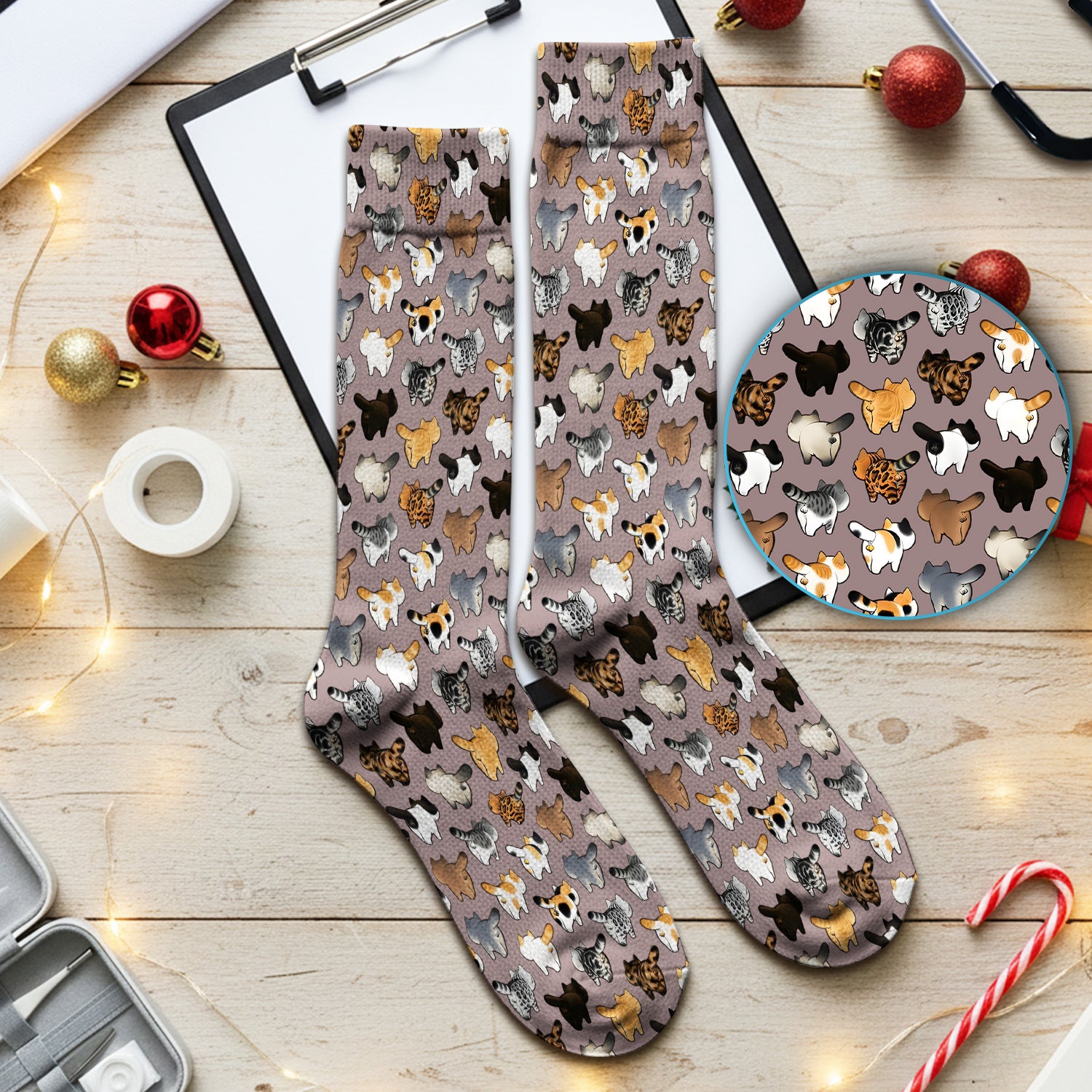 Cat Butt Pattern Medical Scrub Socks, Breathable Fabrics Nursing Uniform