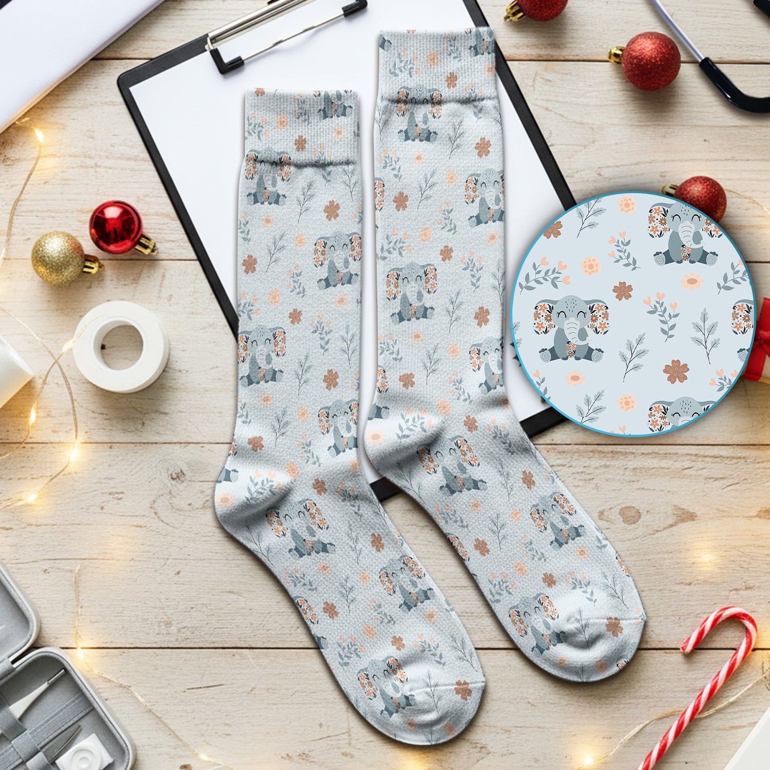 Cute Elephant Floral Medical Socks, Breathable Fabrics Medical Uniform