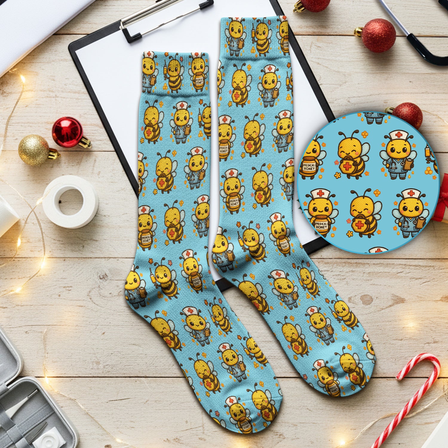 Cute Nurse Bee Scrub Socks, Kawaii Medical Honey Bee Pattern Sock for Nursing Professionals