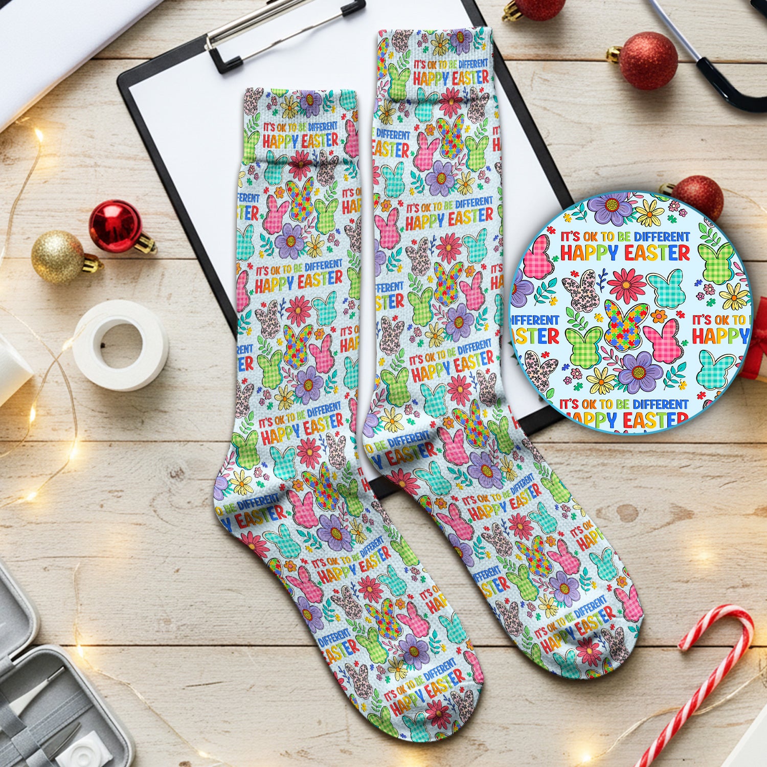 Happy Easter Bunny Floral Print Socks, Breathable Fabrics Medical Uniform