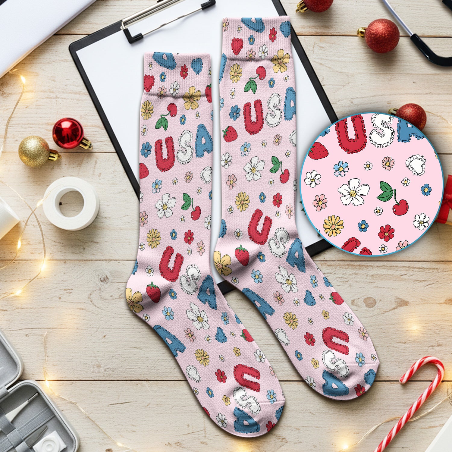 USA Cherry Strawberry Floral Patch Pattern Socks, Breathable Fabrics Medical Uniform