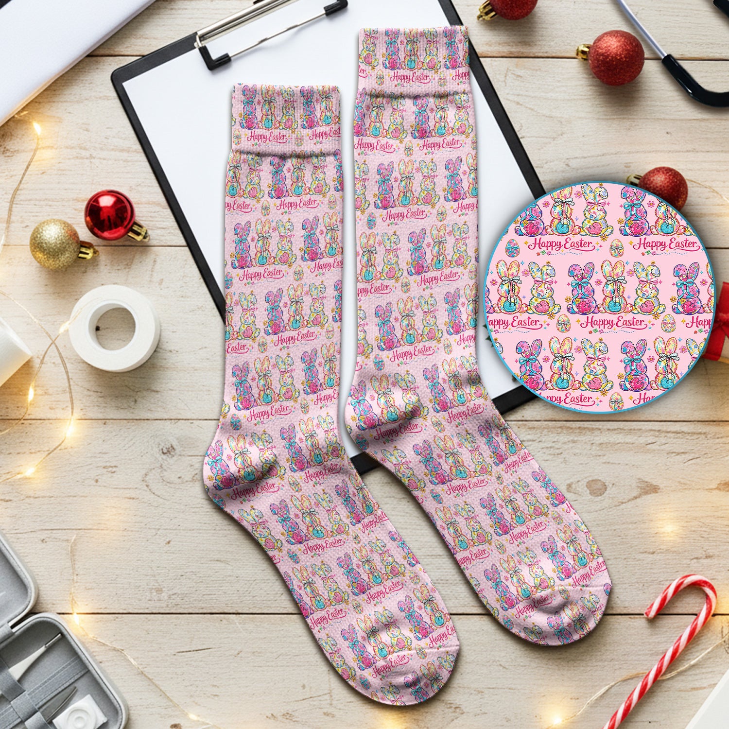 Pink Happy Easter Bunny Pattern Socks, Breathable Fabrics Medical Uniform