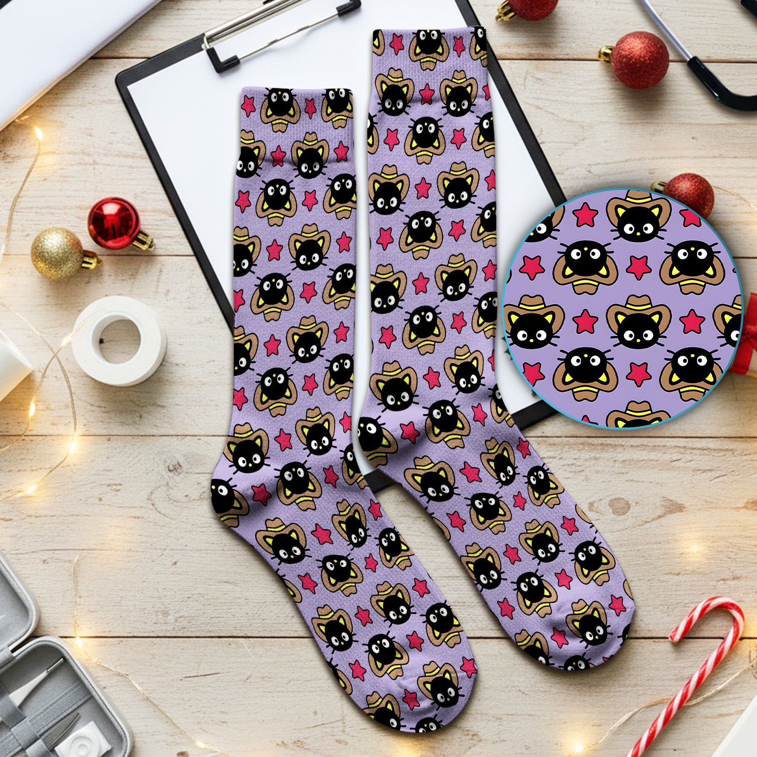 Cute Cartoon Cowboy Cat Pattern Socks, Socks for Nurse Doctor