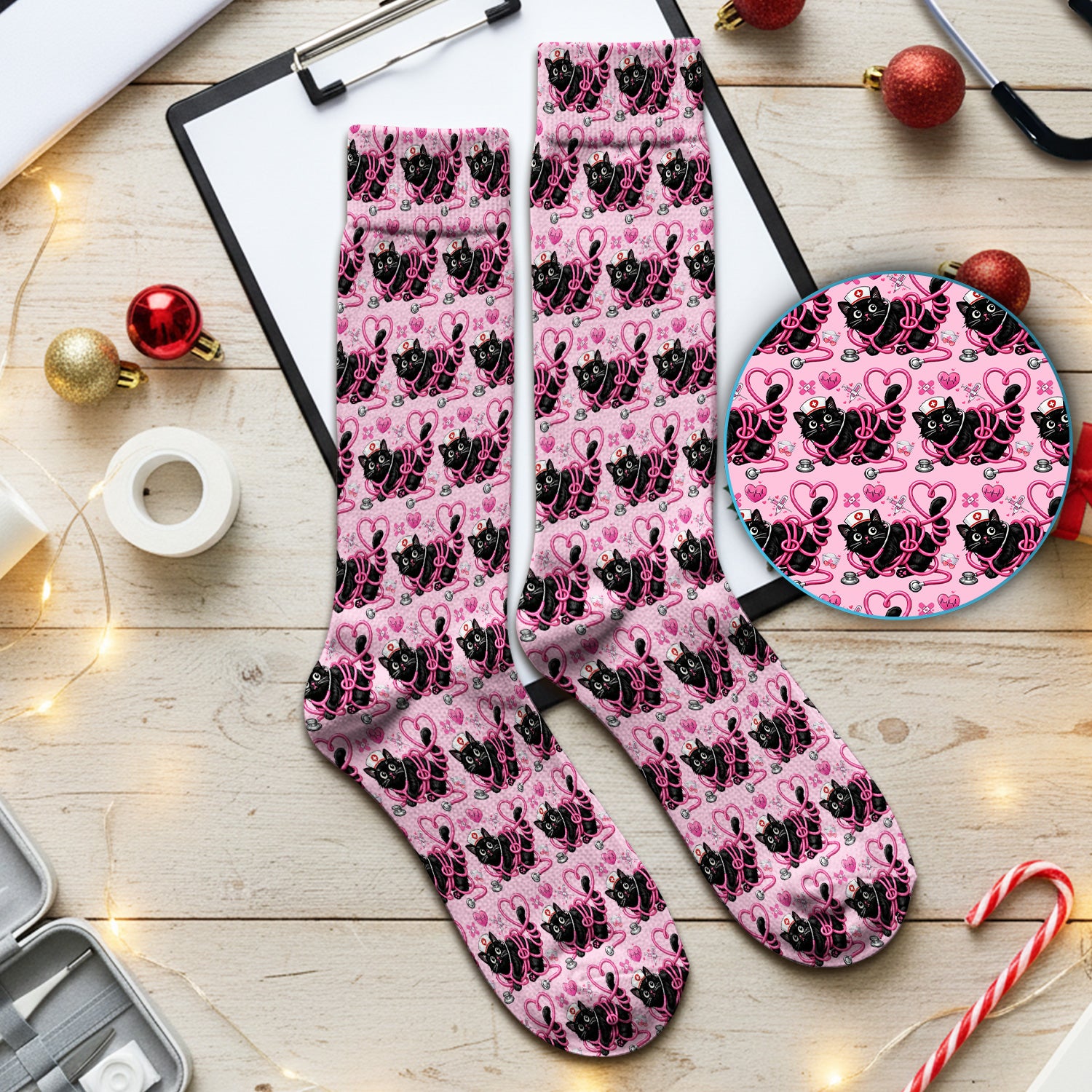 Valentine Cute Cat Nurse Heart Print Medical Socks, Adult Socks for Men and Women