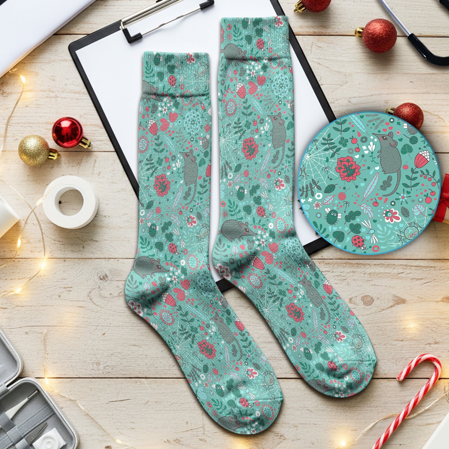 Woodland Mouse Floral Pattern Socks, Breathable Fabrics Medical Uniform
