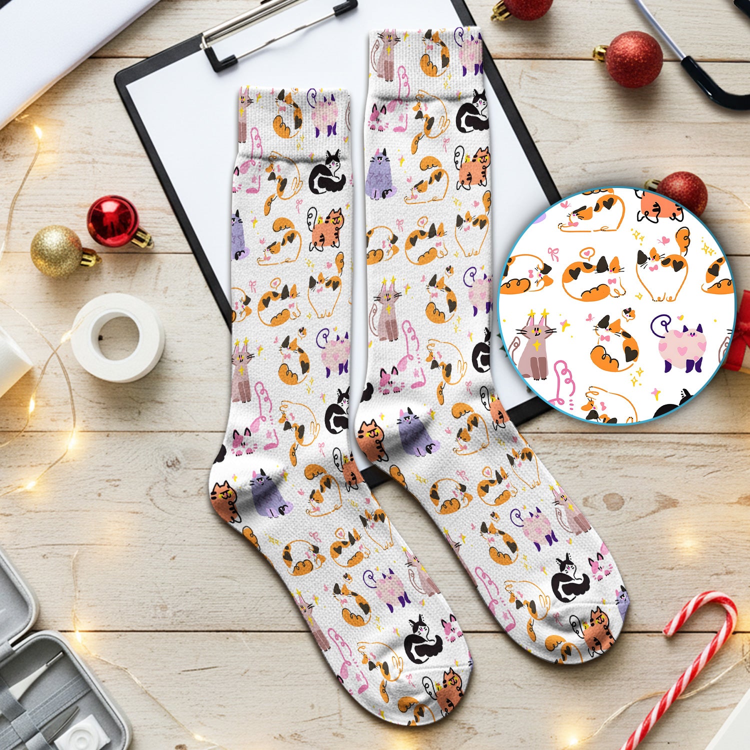 Funny Cat Pattern Scrub Socks, Cute Cats Nursing Uniform For Women