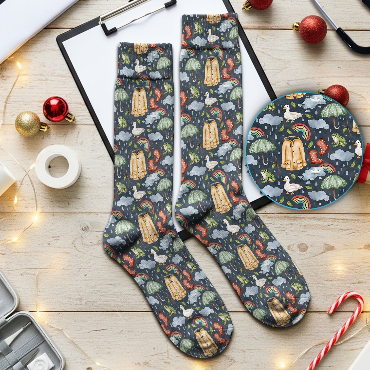 Cute Rainy Day Ducks & Frog Rainbow Pattern Socks, Breathable Fabrics Medical Uniform