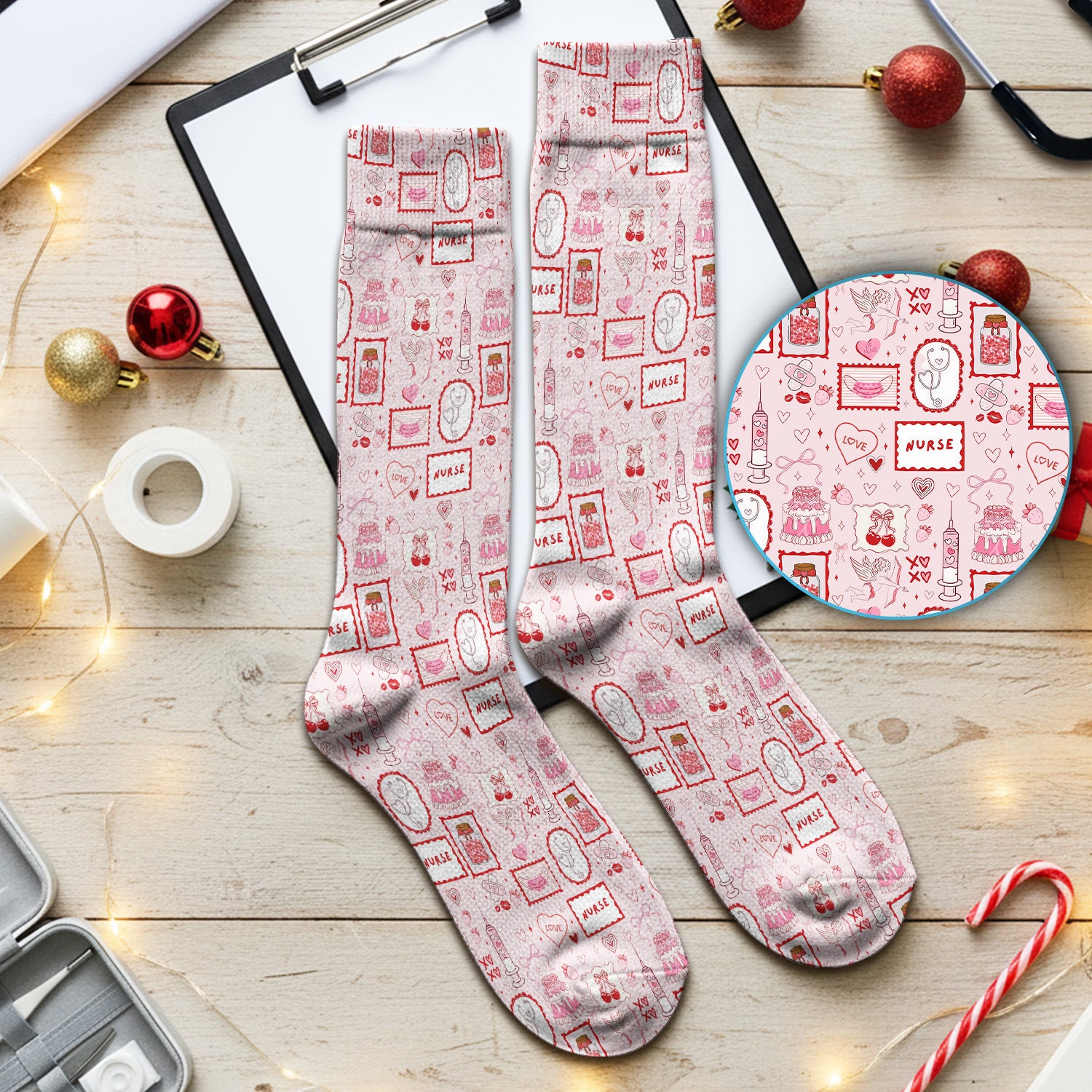 Nurse Icons Hearts Syringes Valentine Socks, Breathable Medical Uniform