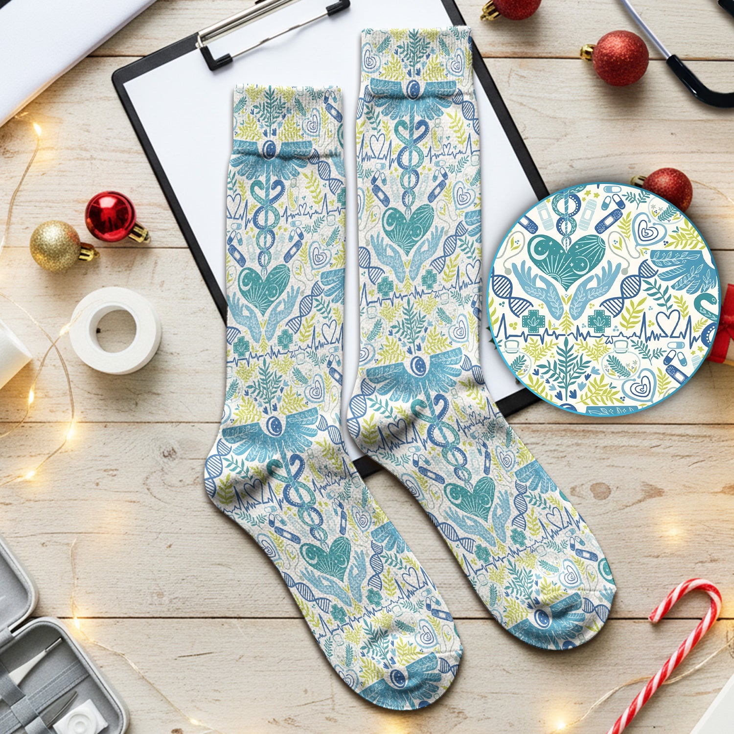 Inspirational Botanical Medical Caduceus Heart Nurse Pattern Socks, Breathable Fabrics Medical Uniform