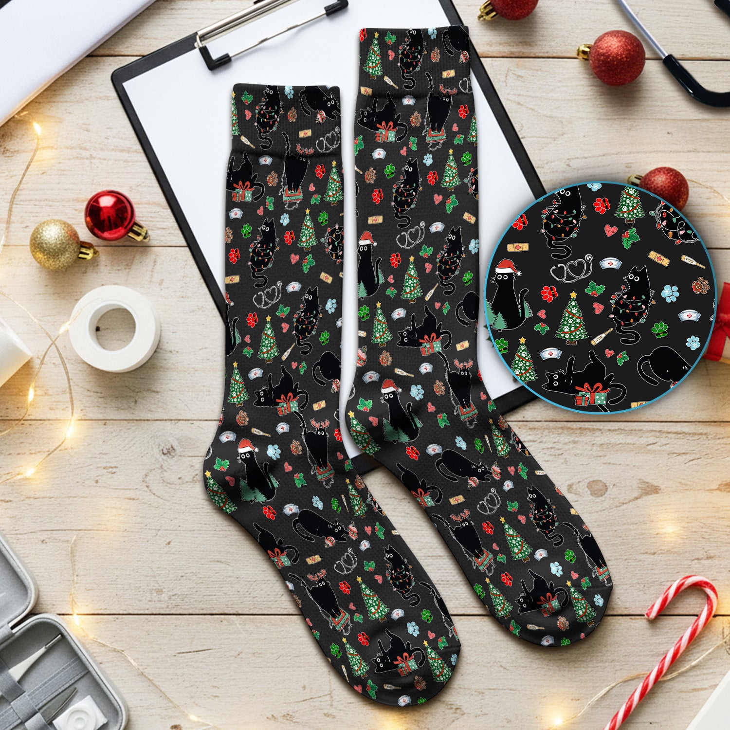 Black Cat Christmas Nurse Scrub Socks, Festive Kitty Medical Uniform for Women