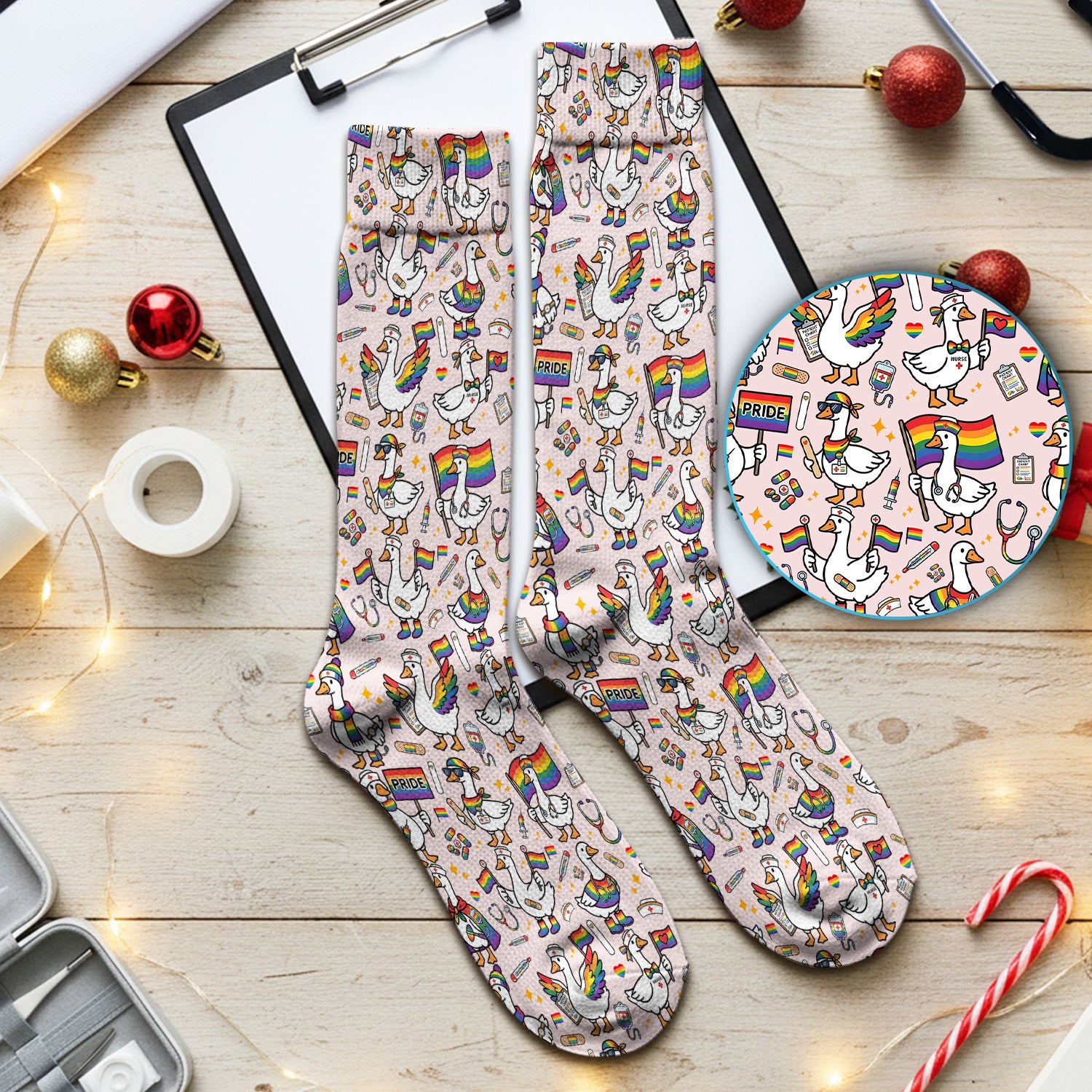 LGBT Pride Nurse Duck Pattern Socks, Breathable Fabrics Medical Uniform