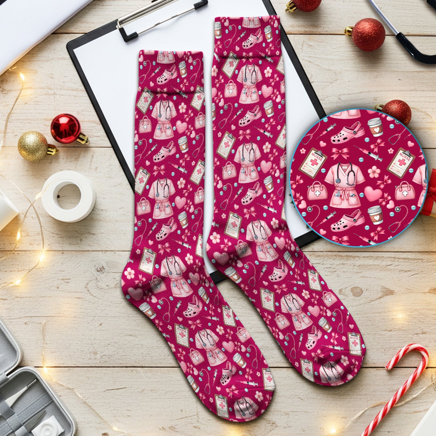 Valentine Pink Nurse Icons Print Medical Socks, Socks for Nurse Doctor