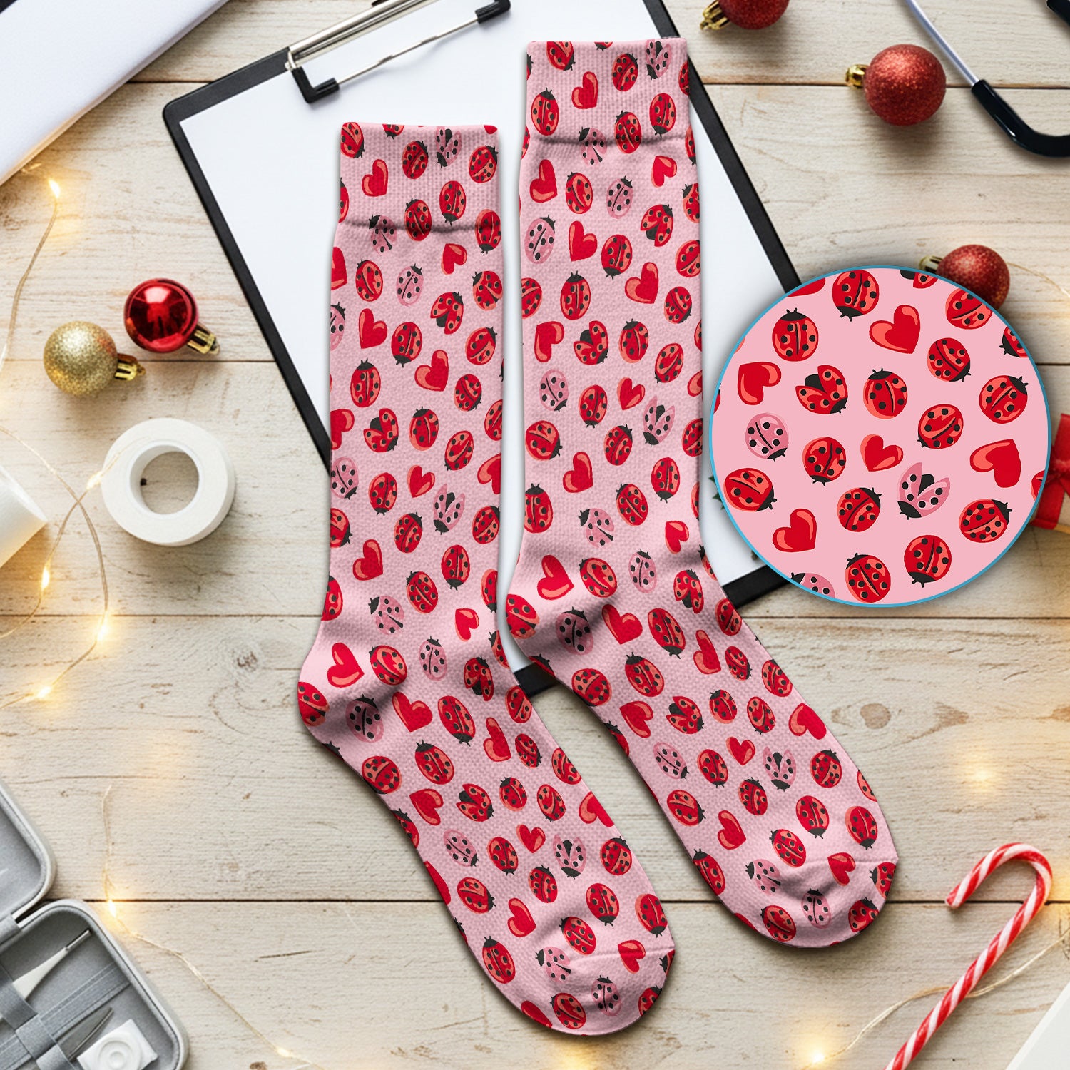 Cute Ladybug and Red Heart All Over Print Medical Socks, Socks for Nurse Doctor