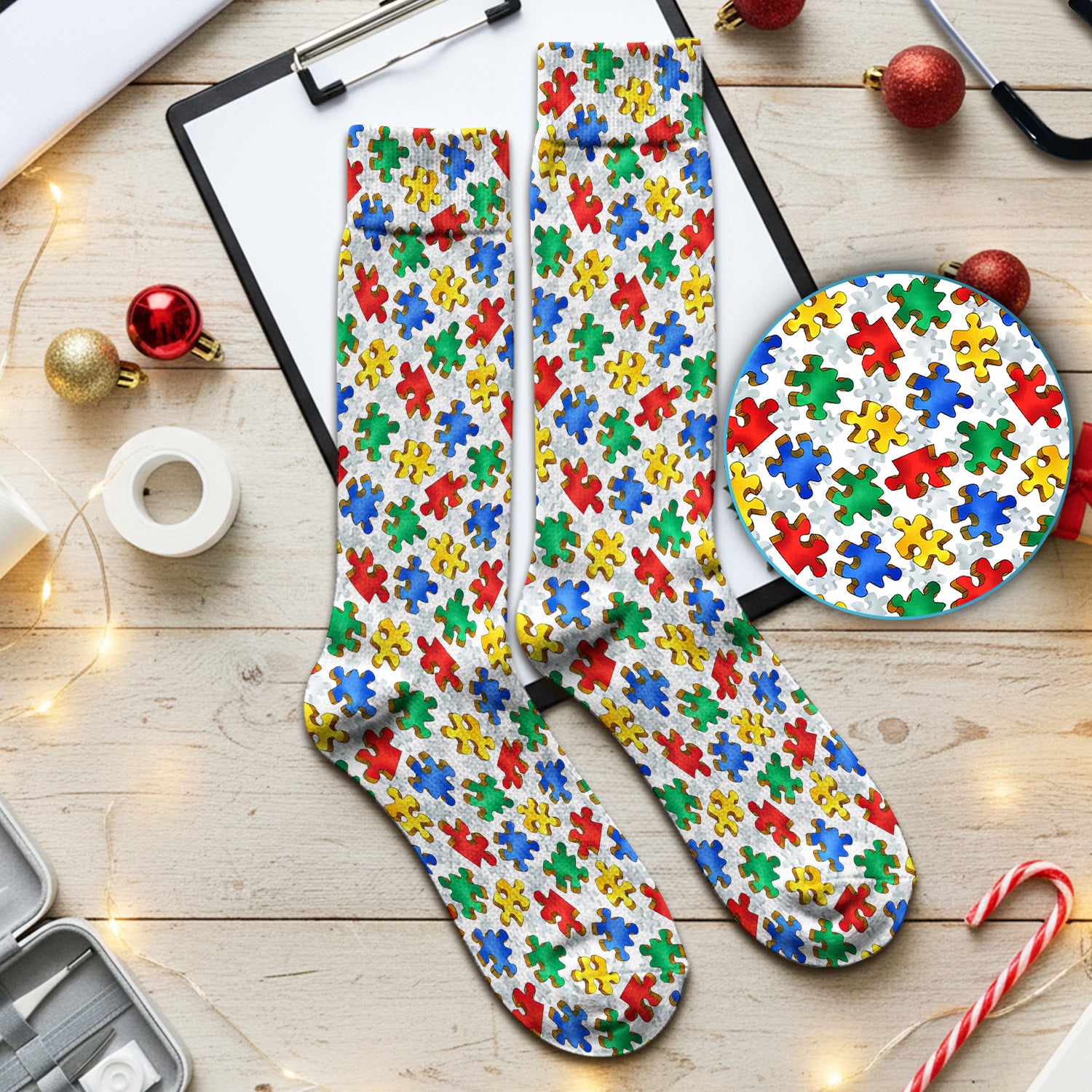 Colorful Autism Puzzle Piece Pattern Socks, Adult Socks for Men and Women