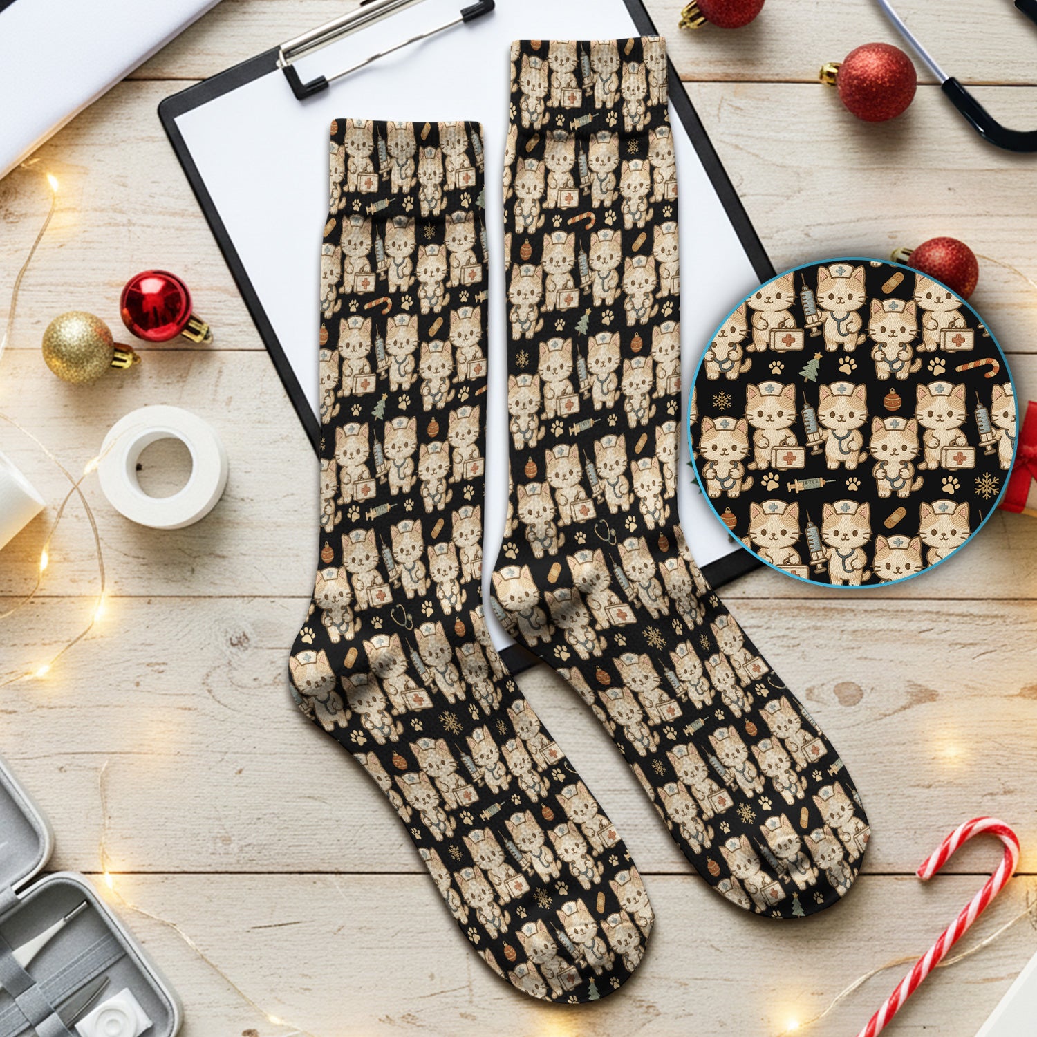 Cute Cat Nurse Christmas Scrub Socks, Kawaii Kitty Medical Pattern Sock, Breathable Fabrics Nursing Uniform