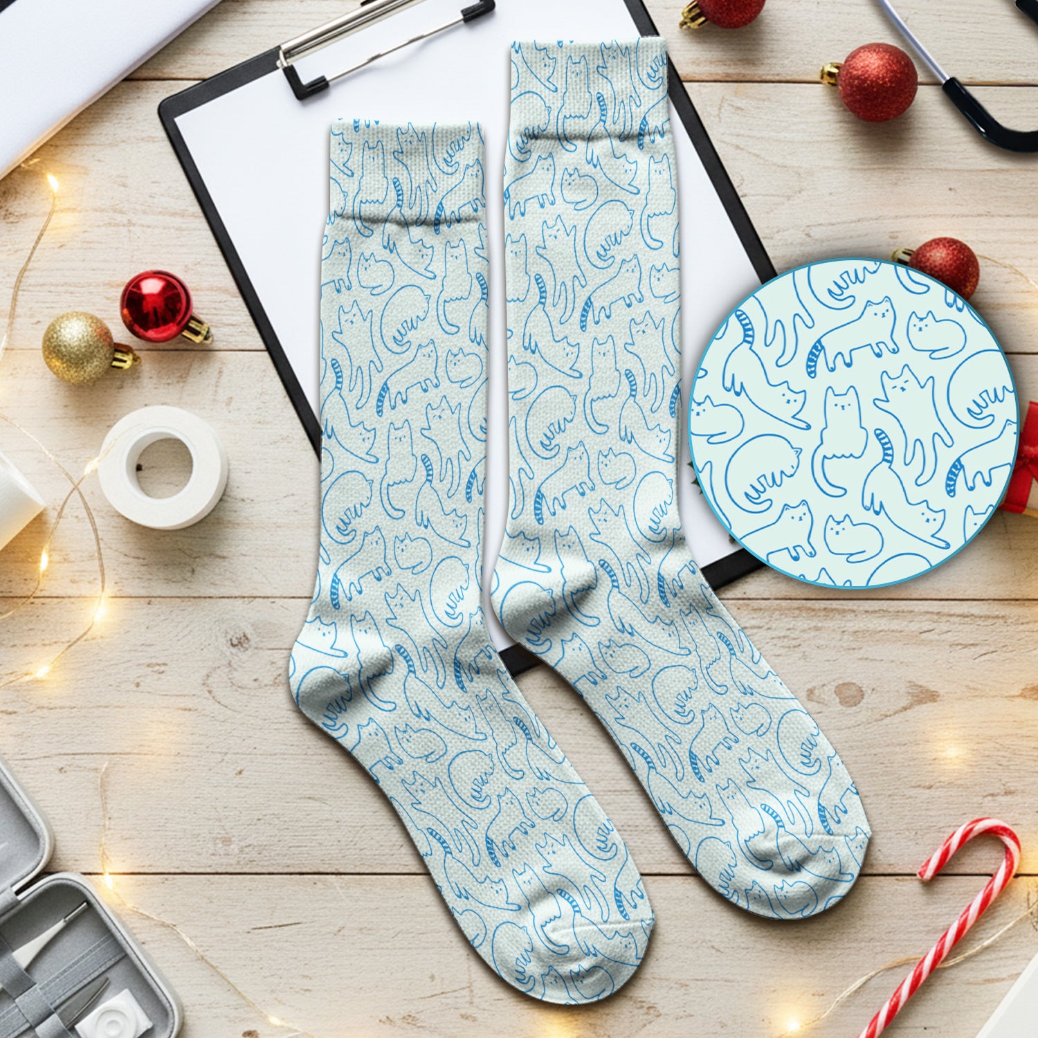 Artistic Cat Pattern Medical Scrub Socks, Breathable Fabrics Nursing Uniform