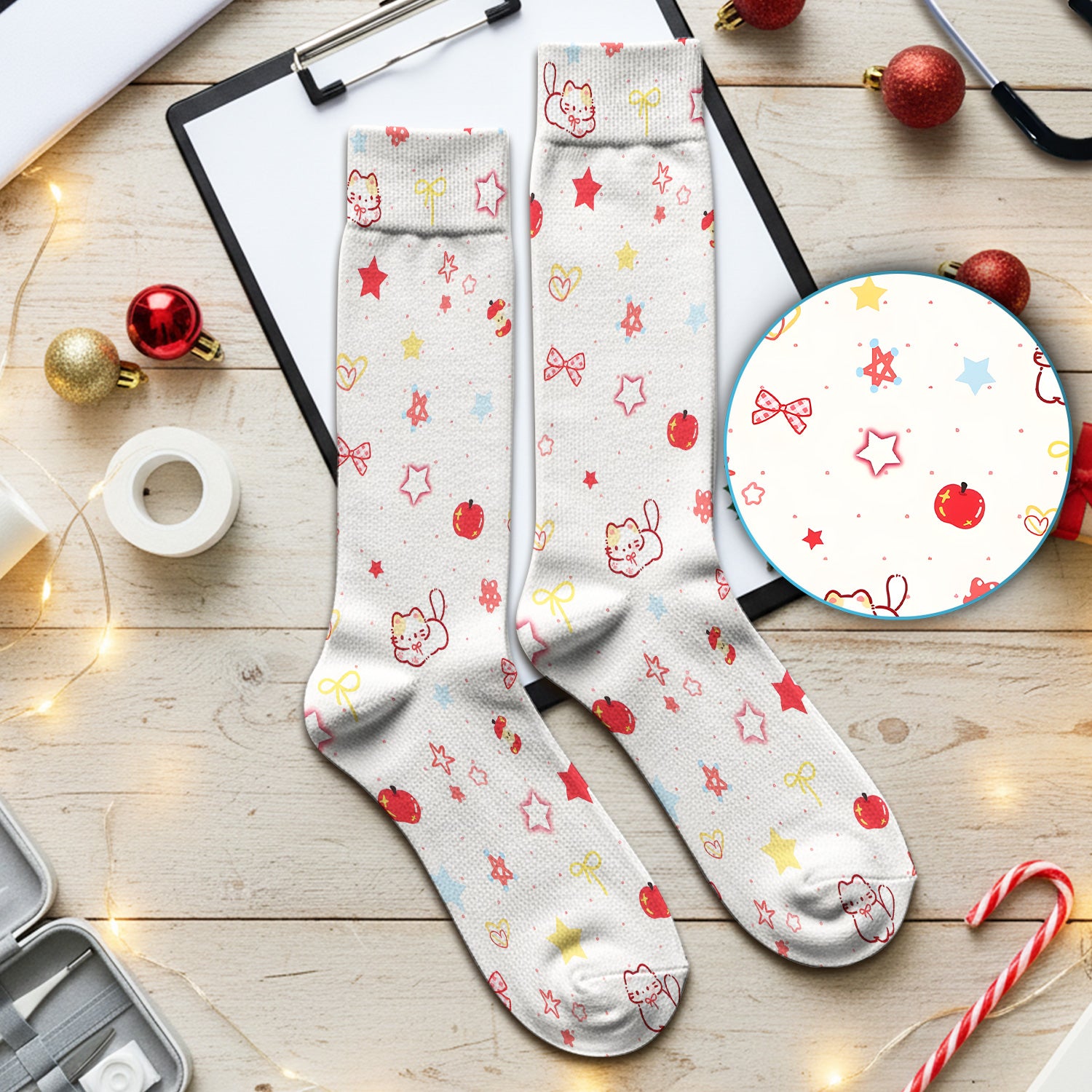 Cute Kawaii Cat Bow Star Pattern Socks, Socks for Nurse Doctor