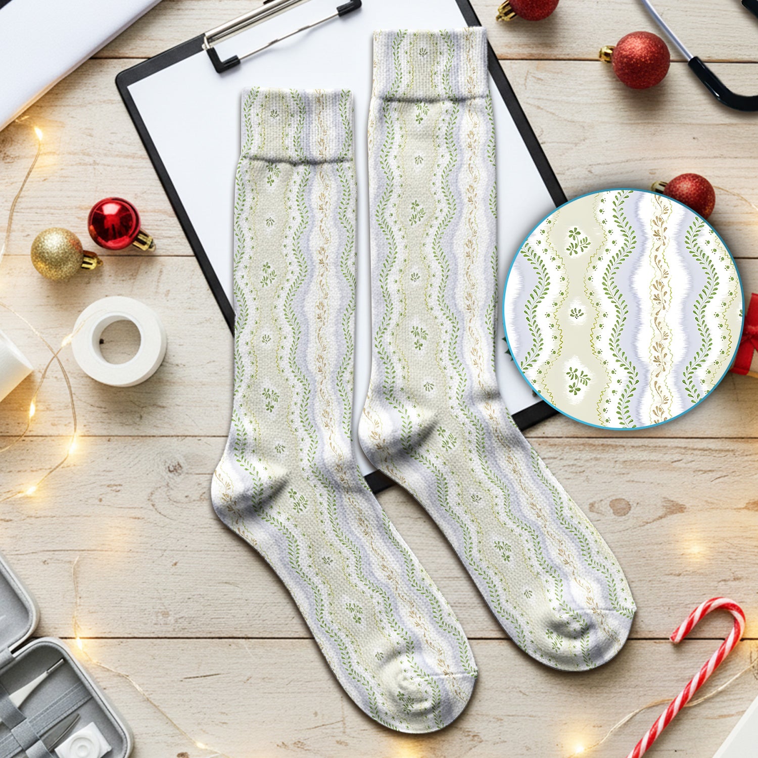 Wavy Stripe Botanical Pattern Socks, Socks for Nurse Doctor