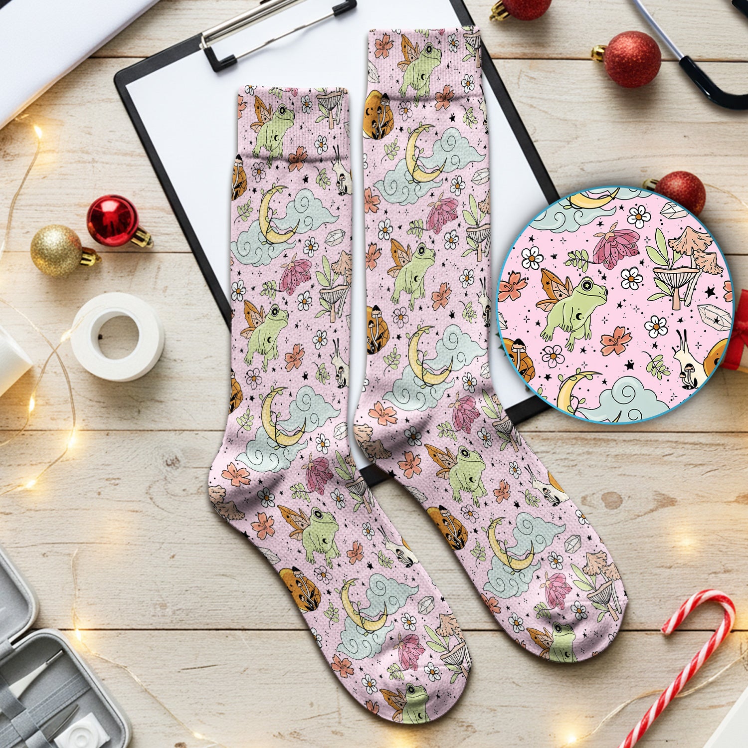 Whimsical Frog Moon Mushroom Pattern Socks, Breathable Fabrics Medical Uniform