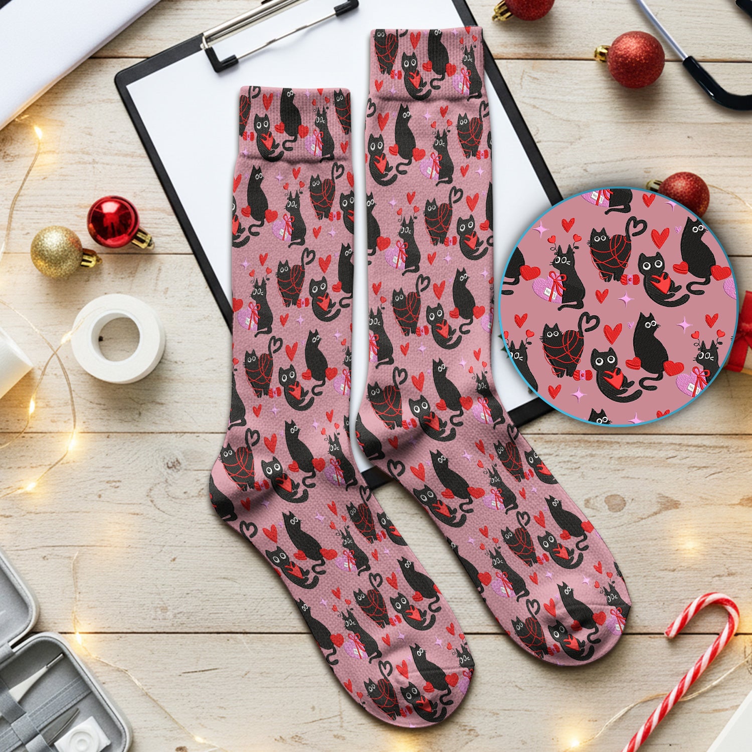 Valentine’s Day Scrub Socks, Cute Black Cat With Heart Pattern Nurse Sock, Breathable Fabrics Nursing Uniform