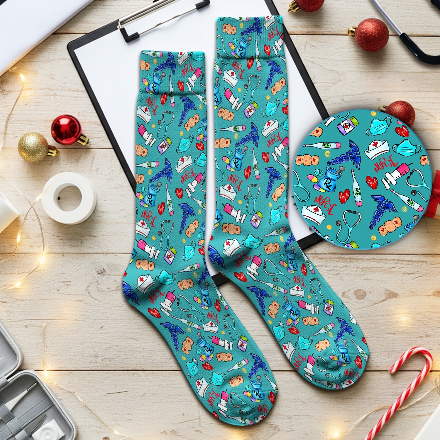 Nurse Medical Icons Stethoscope Heart Pattern Socks, Breathable Fabrics Medical Uniform