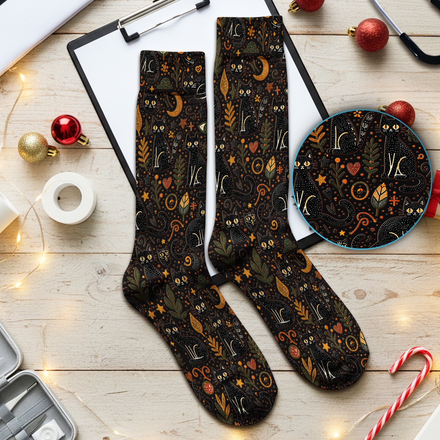 Mystic Black Cat Celestial Doodle Pattern Socks, Breathable Fabrics Medical Uniform