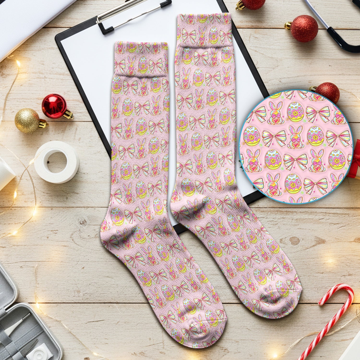 Easter Bunny Pastel Egg Bow Pattern Socks, Breathable Fabrics Medical Uniform